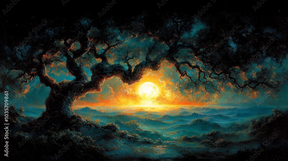 Majestic Oak Tree Silhouette at Sunset with Full Moon Majestic Oak Tree Silhouette at Sunset with Full Moon