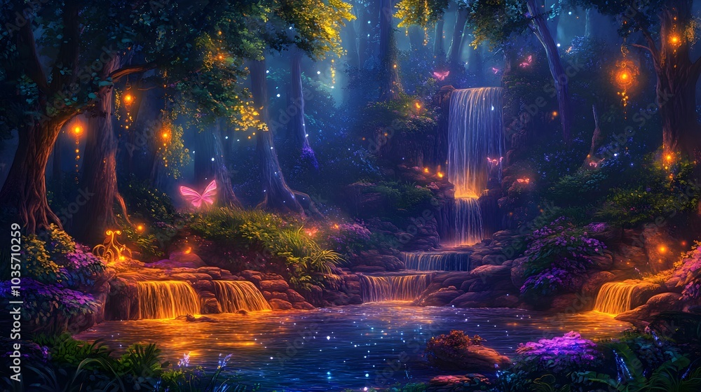 Mystical forest with glowing trees enchanted creatures and shimmering waterfalls Mystical forest with glowing trees enchanted creatures and shimmering waterfalls