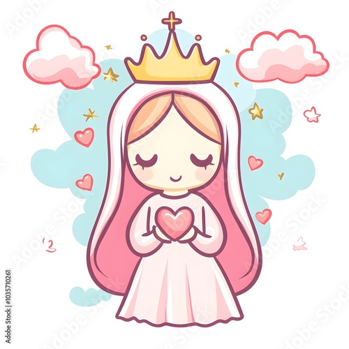 Cute Cartoon Virgin Mary Illustration with Heart Clouds and Stars