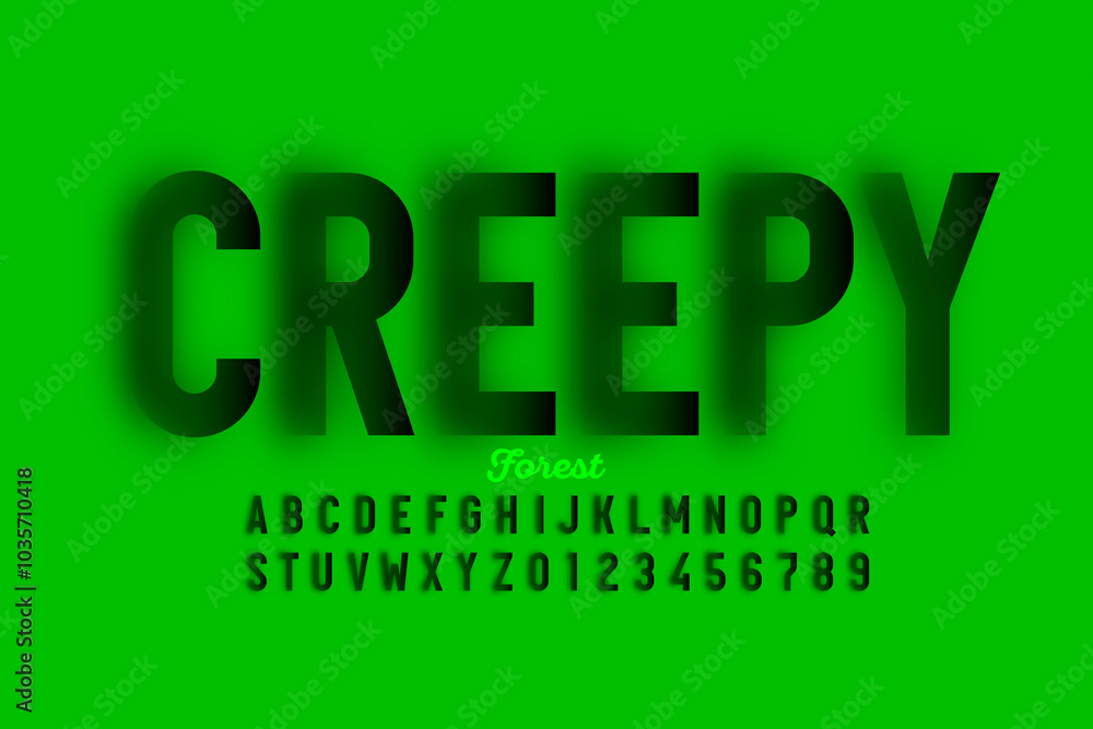 Creepy forest. Blurry effect style font design, alphabet letters and numbers, vector illustration