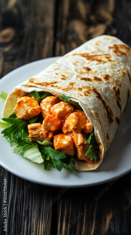 Chicken wrap with vegetables lying on a white plate, with a rustic wooden table as background Chicken wrap with vegetables lying on a white plate, with a rustic wooden table as background