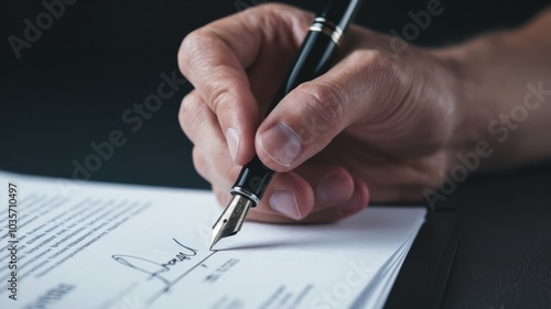 A close-up of a hand holding a pen, signing a document on a dark surface.