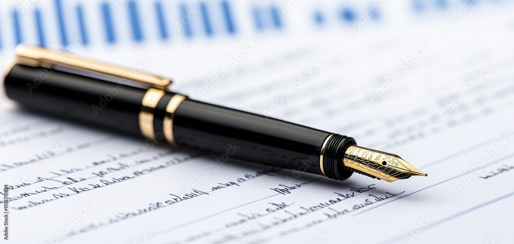 Elegant pen resting on document with graphs and data; ideal for business and financial themes. Elegant pen resting on document with graphs and data; ideal for business and financial themes.