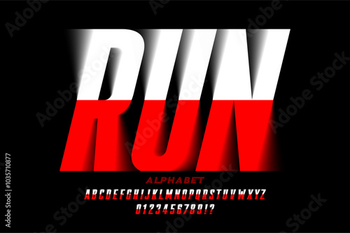 RUN. Sport style modern font design, alphabet letters and numbers vector illustration