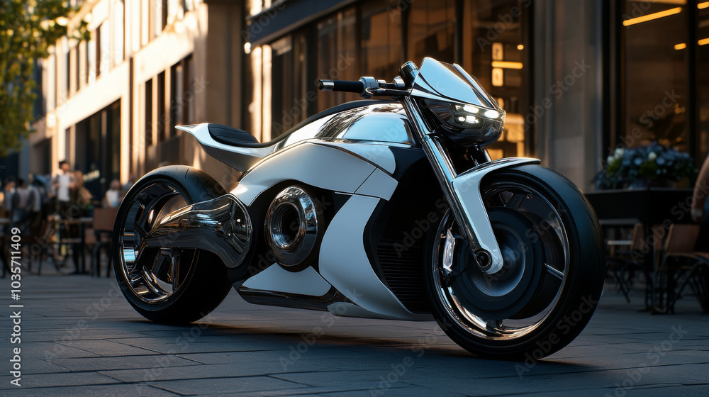 Chrome futuristic motorcycle with sleek design in urban street, ideal for luxury automotive ads or design magazines Chrome futuristic motorcycle with sleek design in urban street, ideal for luxury automotive ads or design magazines