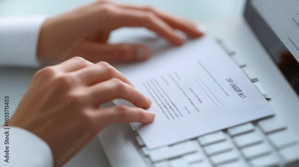 hands typing a resume on a sleek keyboard, with focus on the professional look of the document displayed on the screen hands typing a resume on a sleek keyboard, with focus on the professional look of the document displayed on the screen