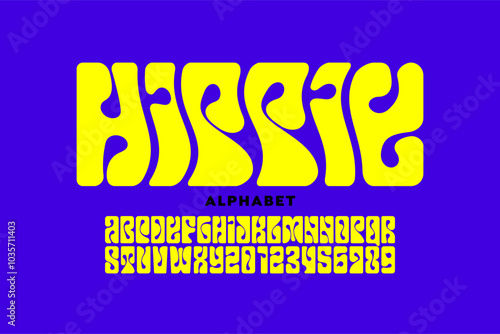 Hippie. Psychedelic style font design, 1960s alphabet letters and numbers vector illustration