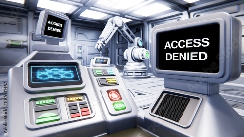 A futuristic control room featuring a robotic arm and a monitor displaying "ACCESS DENIED," with various buttons and screens.