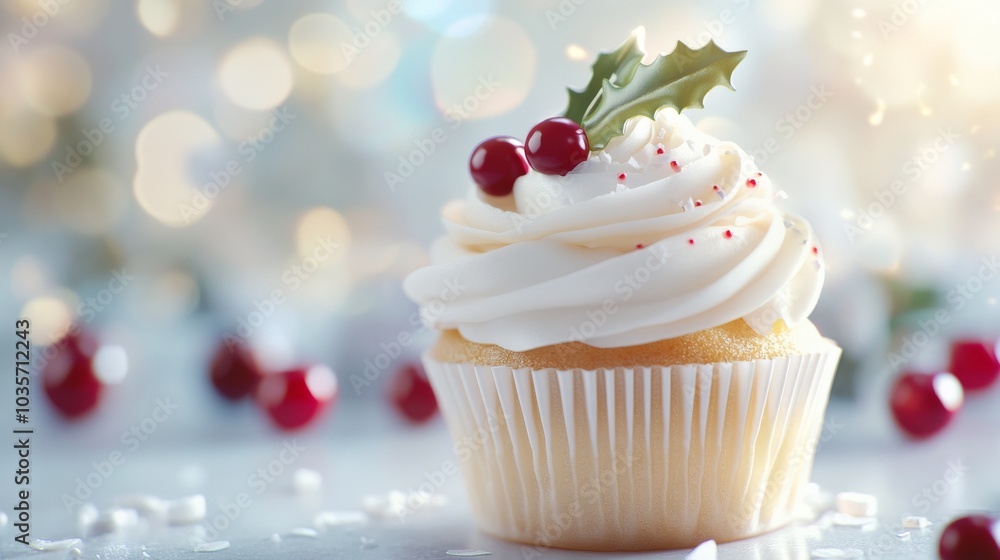 Single festive cupcake with holiday decorations and holly berries on a winter background Single festive cupcake with holiday decorations and holly berries on a winter background