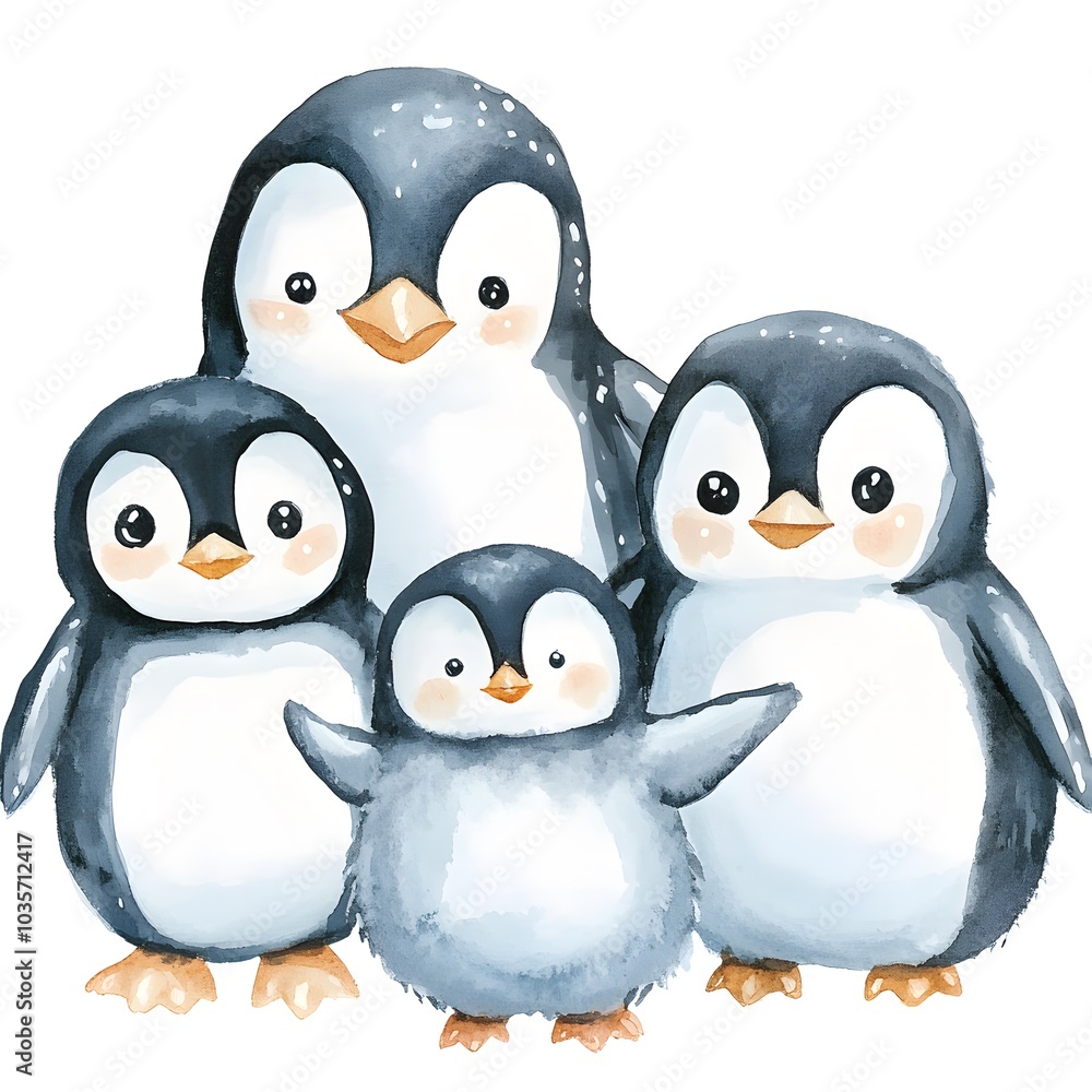 Fototapeta premium Cute Penguin Family Watercolor Illustration Adorable Penguin Clipart