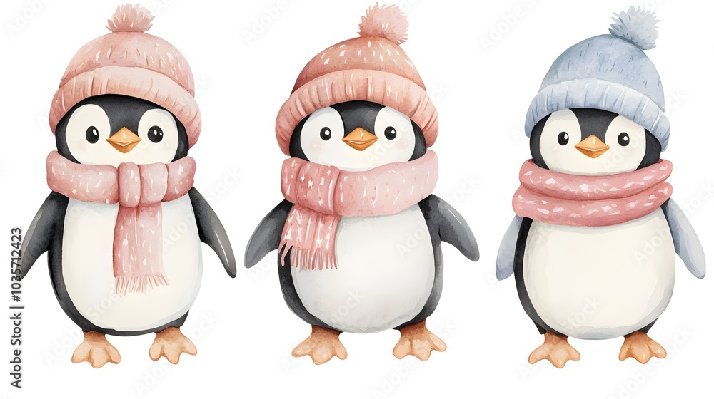 Naklejka premium Cute Watercolor Penguin Friends in Winter Hats and Scarves