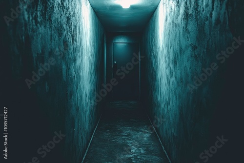 Wallpaper Mural A Dark, Narrow Hallway with a Single Door at the End Torontodigital.ca