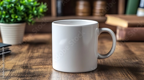Mockup of a mug in a cozy office setup with notebooks and pens