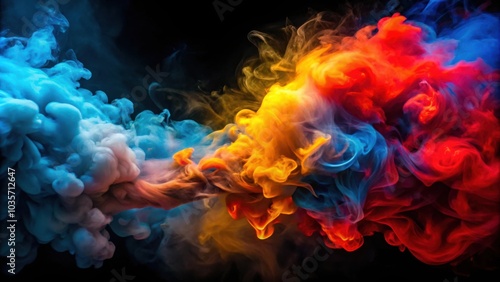 Abstract Swirling Colors of Blue, Orange, and Red Smoke against a Black Background