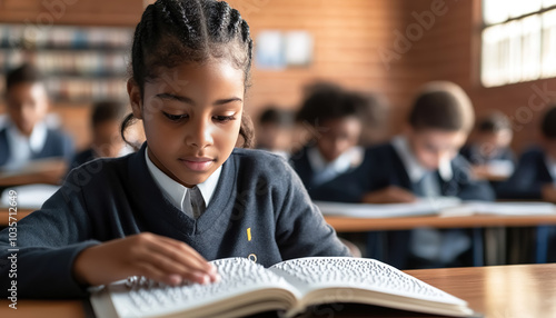 Inspiration images of a blind girl reading paper book with braille sign,learning and study