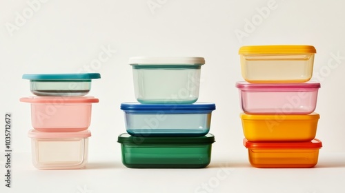 Colorful food storage containers stacked neatly on white background, ideal for kitchen organization and food storage product advertising