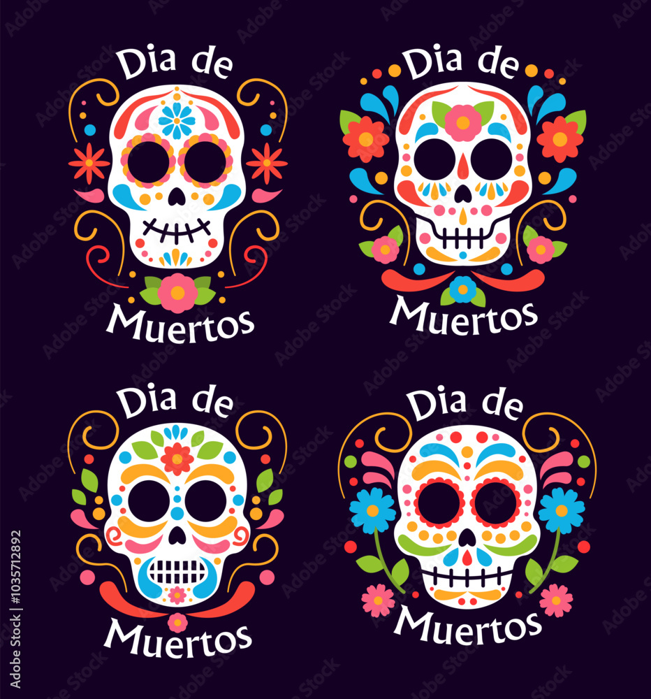 Obraz premium Dia de muertos set. Traditional mexican holiday and festival. Skulls with colorful flowers. Day of Dead. Poster or banner. Flat vector collection