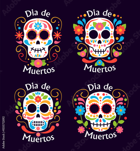 Dia de muertos set. Traditional mexican holiday and festival. Skulls with colorful flowers. Day of Dead. Poster or banner. Flat vector collection