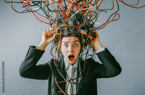 Tangled wires and electronics line connrct on woman head.business management.inspiration of brain and busy of job concepts photo