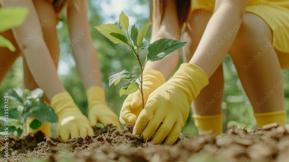 Obraz premium Hands planting a young tree in a forest environment, perfect for eco-friendly campaigns and sustainability projects