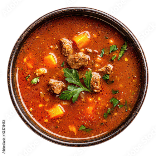 Top view of hearty broth filled with vegetables and herbs, isolated on a clean white background.