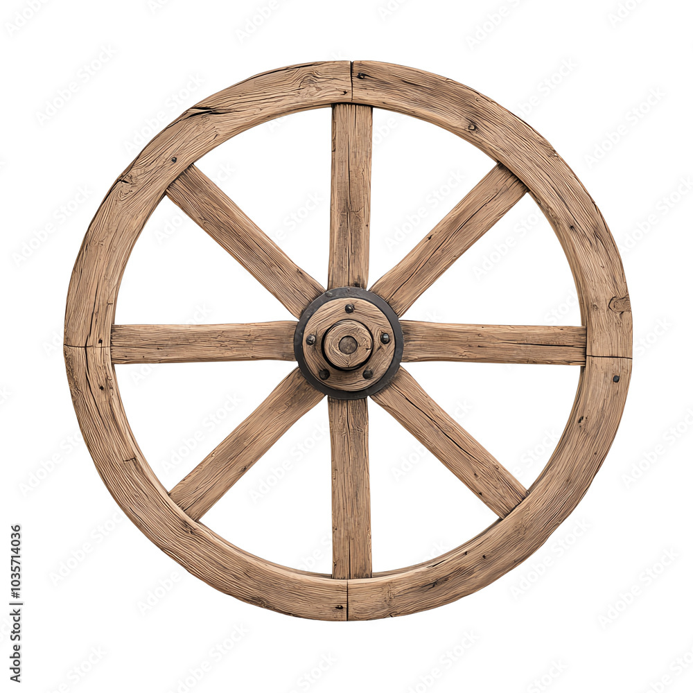 A rustic wooden wheel with eight spokes on isolated white background. A rustic wooden wheel with eight spokes on isolated white background.
