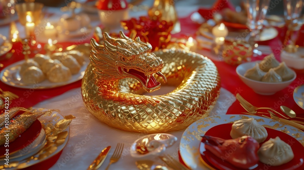 Luxurious Chinese New Year table setting with golden dragon centerpiece and traditional dumplings Luxurious Chinese New Year table setting with golden dragon centerpiece and traditional dumplings