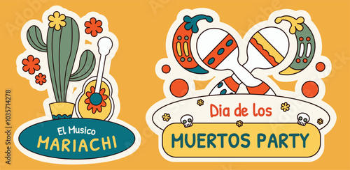 Fotografija Día de los Muertos El Musico Mariachi and Party Sticker, Simple Cartoon Illustra
