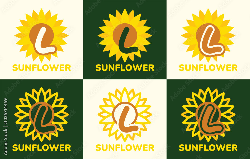 Fototapeta premium Set of letter L sunflower logo. This logo combines letters and sunflower shapes. Suitable for flower shops, flower farms, flower accessories shops and the like.