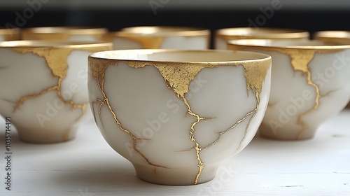 Elegant fall dinnerware with gold accents and natural textures photo