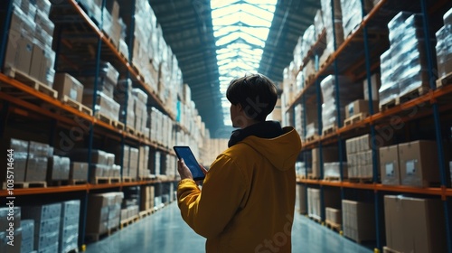 A person in a yellow jacket uses a tablet in a large warehouse filled with stacked boxes.