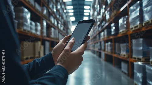 A person holds a smartphone in a warehouse aisle filled with stacked boxes.