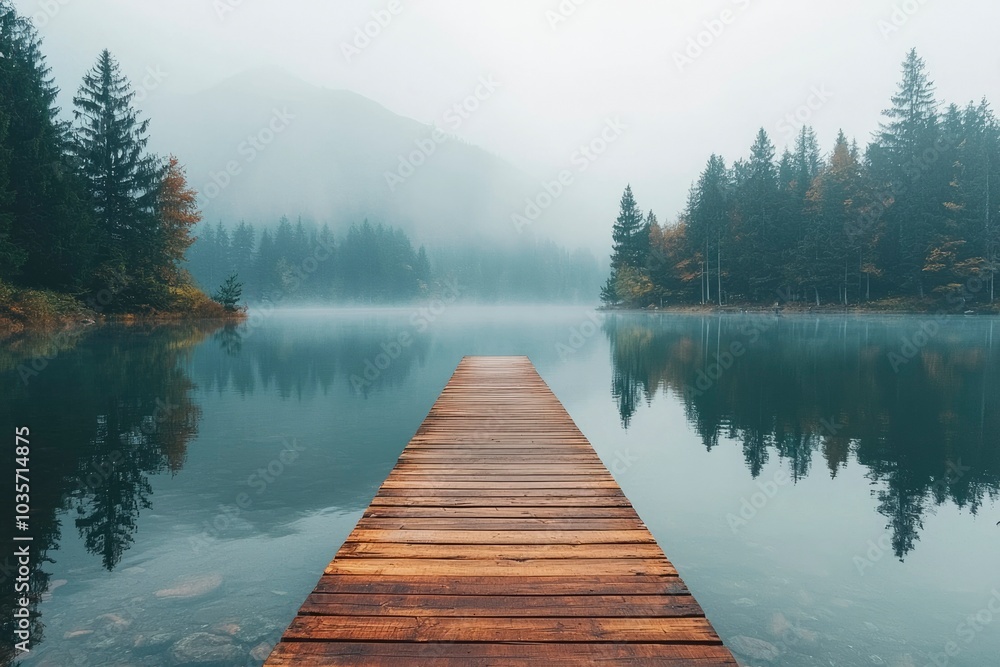 Wooden Dock Extending Into a Foggy Lake Surrounded by Trees Wooden Dock Extending Into a Foggy Lake Surrounded by Trees