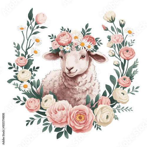 A lamb with a floral crown on its head. The lamb is surrounded by an intricate wreath made of various flowers, including roses, daisies, and
other blossoms