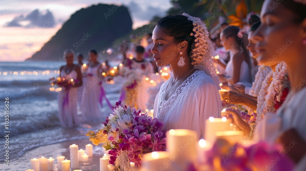 Sunset New Year’s Eve Brazilian beach ceremony with candlelight procession and floral offerings Sunset New Year’s Eve Brazilian beach ceremony with candlelight procession and floral offerings