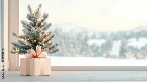 minimalist rose gold Christmas tree adorned with lights sits elegantly beside beautifully wrapped gift. serene winter landscape outside adds magical touch to this festive scene