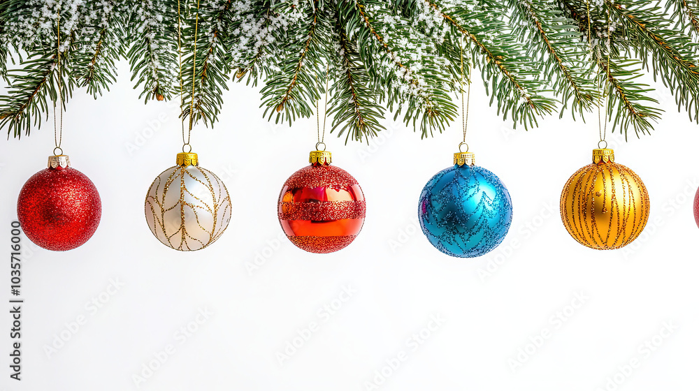 Colorful Christmas baubles hanging from a tree on white background Colorful Christmas baubles hanging from a tree on white background
