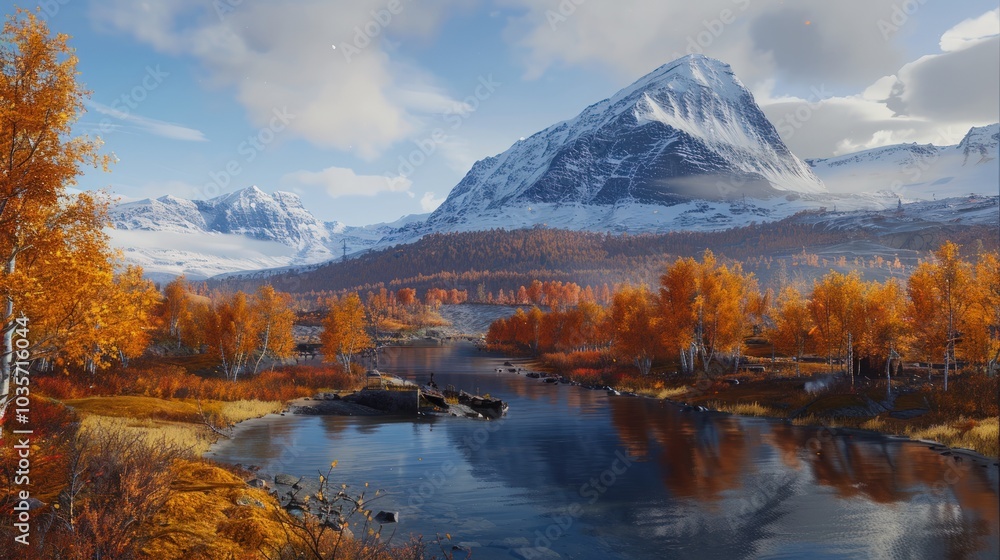Fototapeta premium Autumnal Landscape with Snowy Mountain Peak