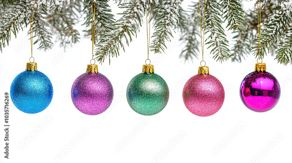 Colorful Christmas baubles hanging from a tree on white background Colorful Christmas baubles hanging from a tree on white background