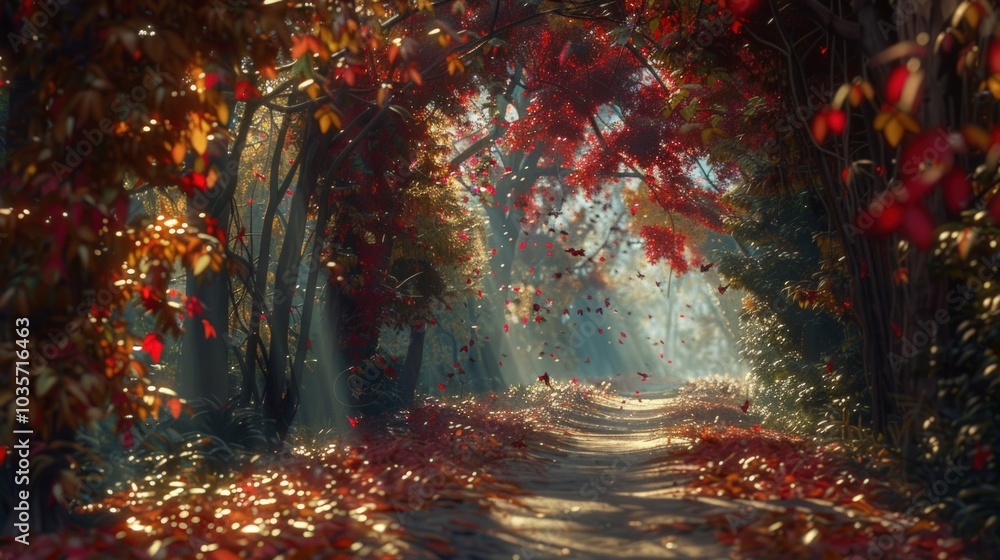 Autumnal Path through Red Leaves Autumnal Path through Red Leaves