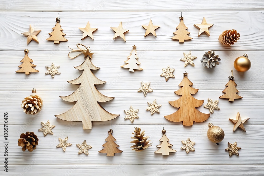 Fototapeta premium Flat Wooden Christmas Tree Toys on White Table - New Year Decorations
