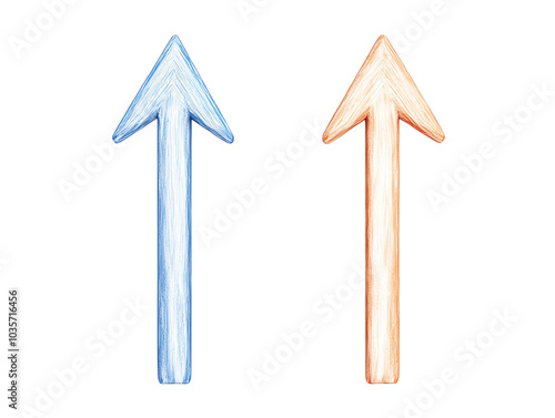 Two stylized arrows in blue and orange pointing upwards on transparent isolated white background.