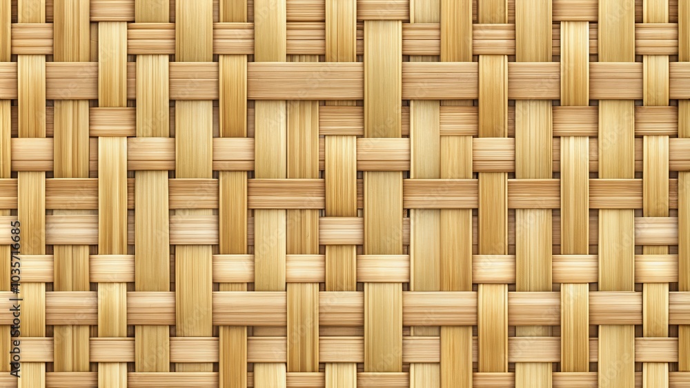 A close-up view of a woven wicker basket with a natural wood finish A close-up view of a woven wicker basket with a natural wood finish