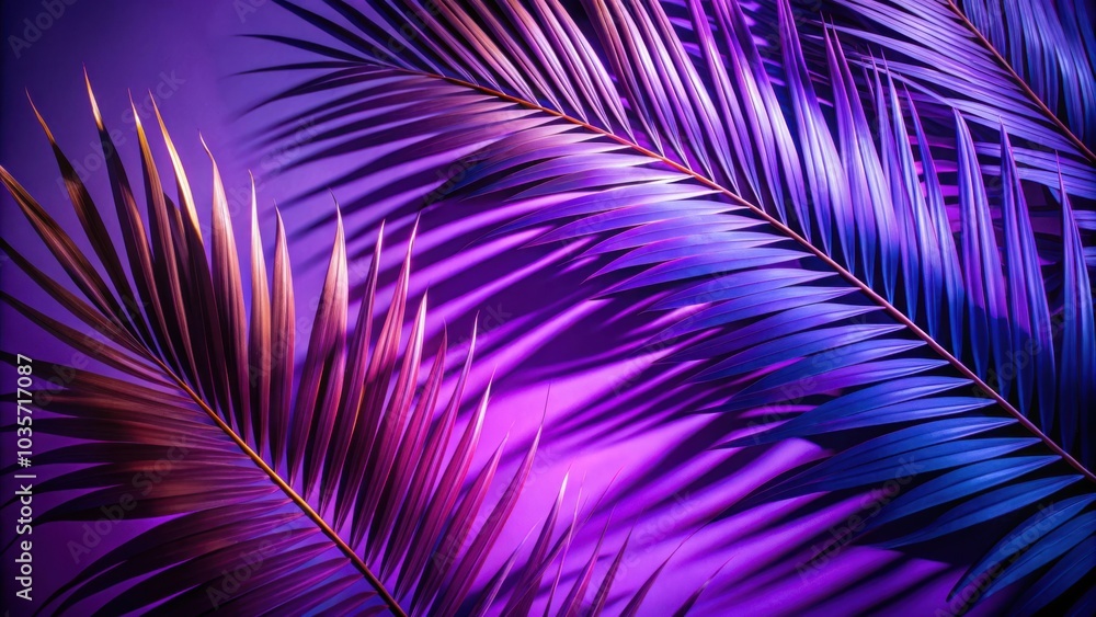 Vibrant Palm Fronds Cast Shadows Against a Vivid Purple Background Vibrant Palm Fronds Cast Shadows Against a Vivid Purple Background