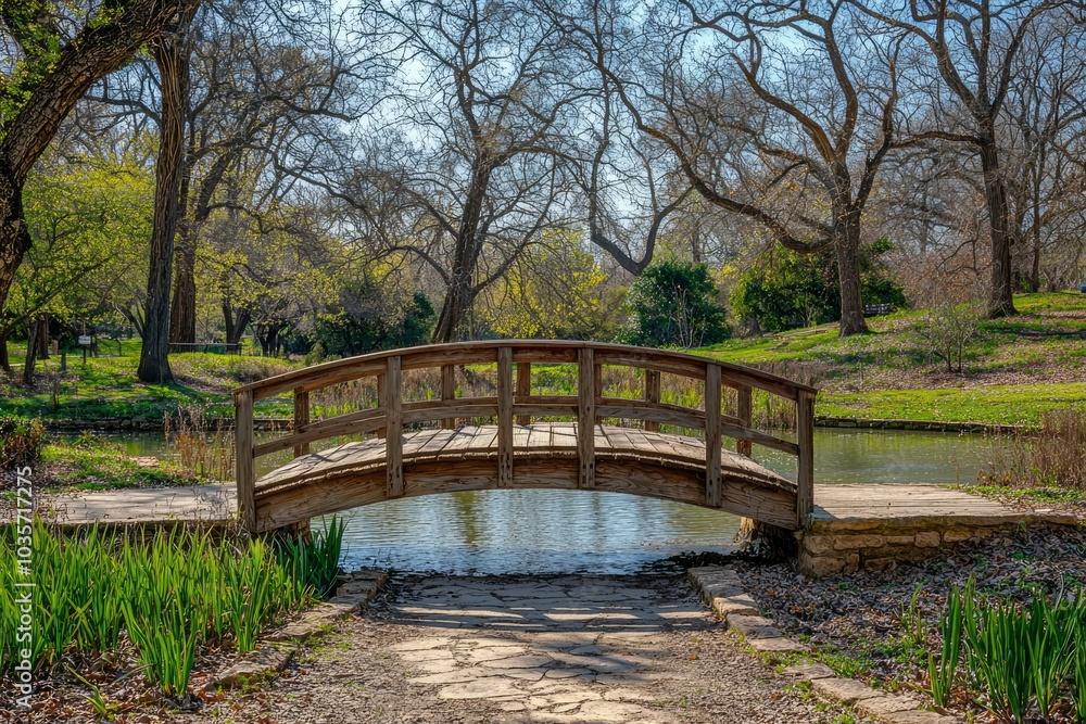 Wooden Bridge Over Pond in a Tranquil Forest Setting Wooden Bridge Over Pond in a Tranquil Forest Setting