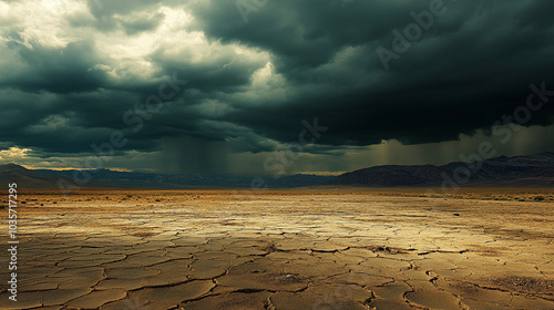 Dark skies over a cracked desert, symbolizing the grim realities of climate change and environmental degradation