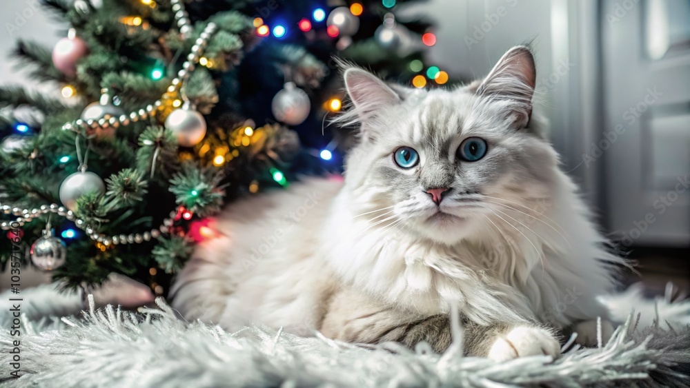 Fluffy White Cat with Blue Eyes by a Festively Decorated Christmas Tree for Holiday Stock Photos Fluffy White Cat with Blue Eyes by a Festively Decorated Christmas Tree for Holiday Stock Photos