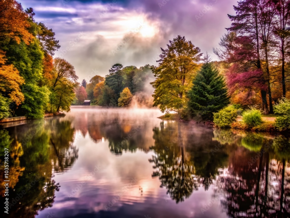 Obraz premium Foggy Autumn Landscape with Trees and Lake - Vintage Style Photography for Serene Nature Scenes