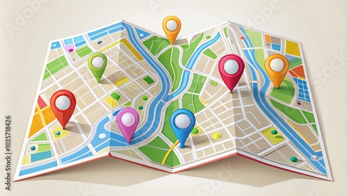 Folded City Map with GPS Navigation and Colorful Pin Pointers for Landscape Photography photo