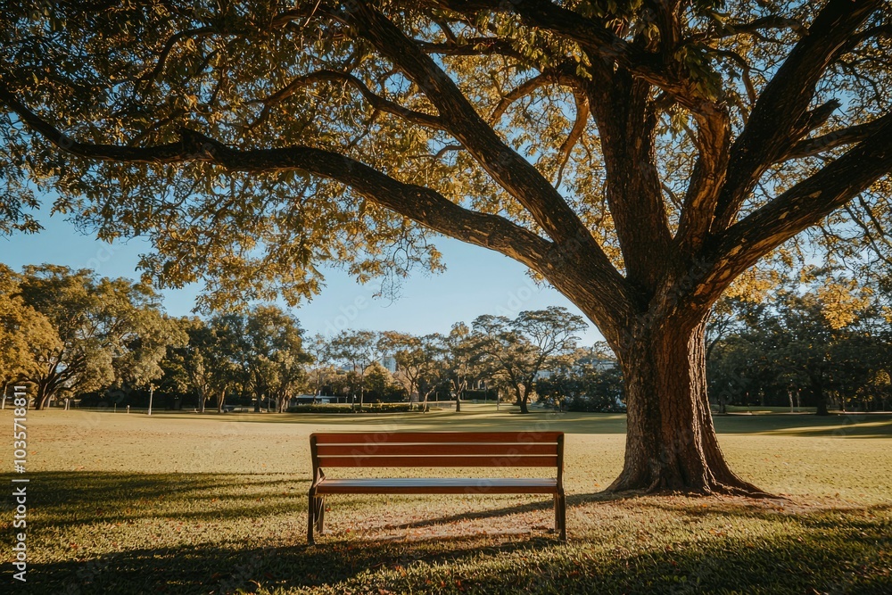 A solitary wooden bench beneath a large tree in a park A solitary wooden bench beneath a large tree in a park